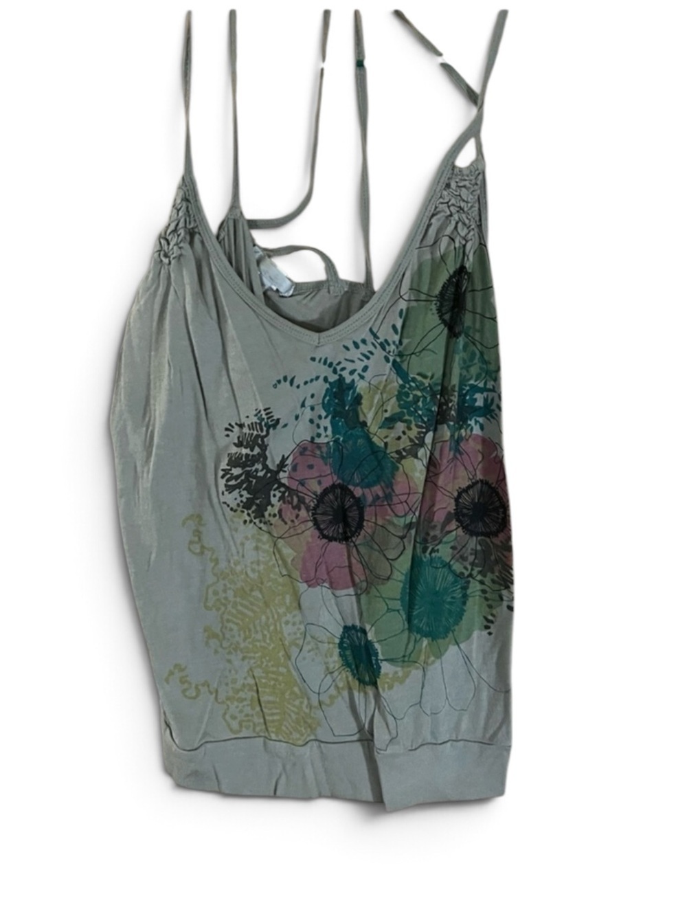 Sage Green Floral Cropped Spaghetti Cross Strap Tee Tank Top